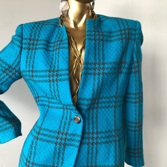 Vintage 1980s  Liz Claiborne  bold blue and black wool plaid blazer - Picture 11 of 11